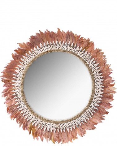 Miroir Ketut - rond en coquillages et plumes