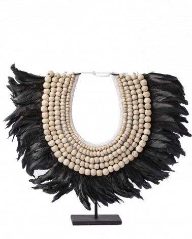 Collier papou Mengwi - en perles de bois et plumes noir